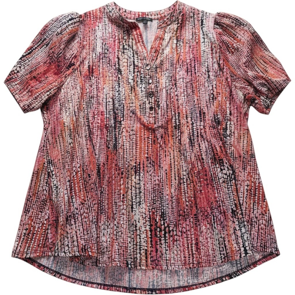 Ava & Grace Blouse Womens Plus 2X Multicolor Henley Short Puff Sleeve Tunic Top